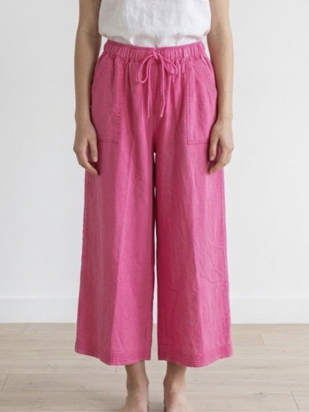 NEW LADIES SIZE 1X ODDI FUSCIA PINK ELASTIC WAIST POCKETS WIDE LEG CROP PANTS